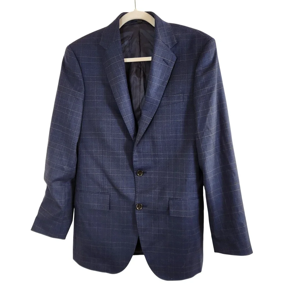 J Crew Ludlow Slim Fit‎ Two Button Wool Blend Plaid Blazer Mens 36R Navy